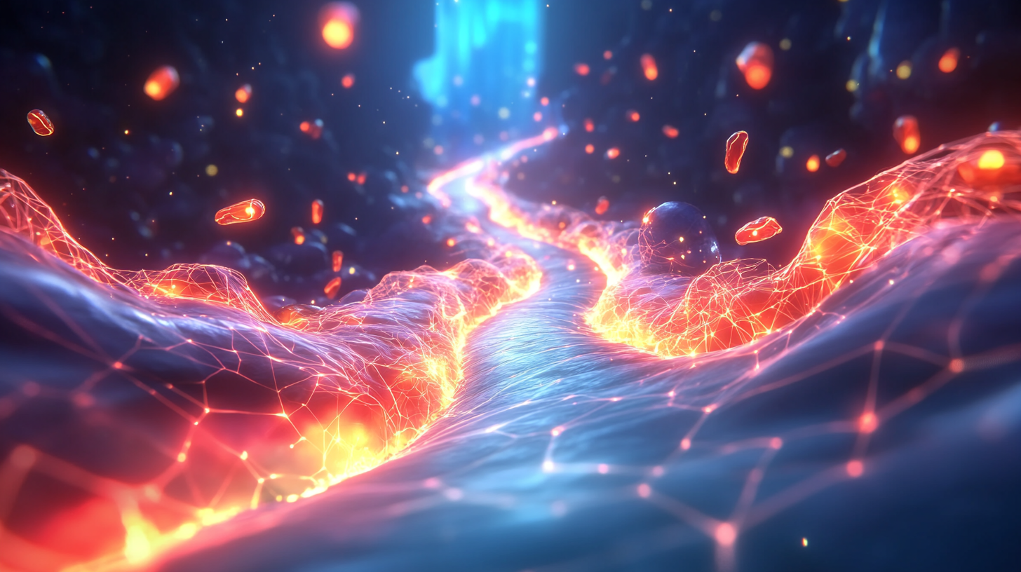 Mesh of user behavior particle streams with most following normal patterns while one anomalous flow glows coral, showing detection without surveillance