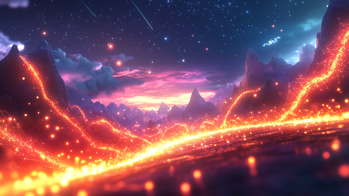 Sprawling wireframe asset landscape with systems carrying vulnerability particles at different severity levels, patch wave moving through environment