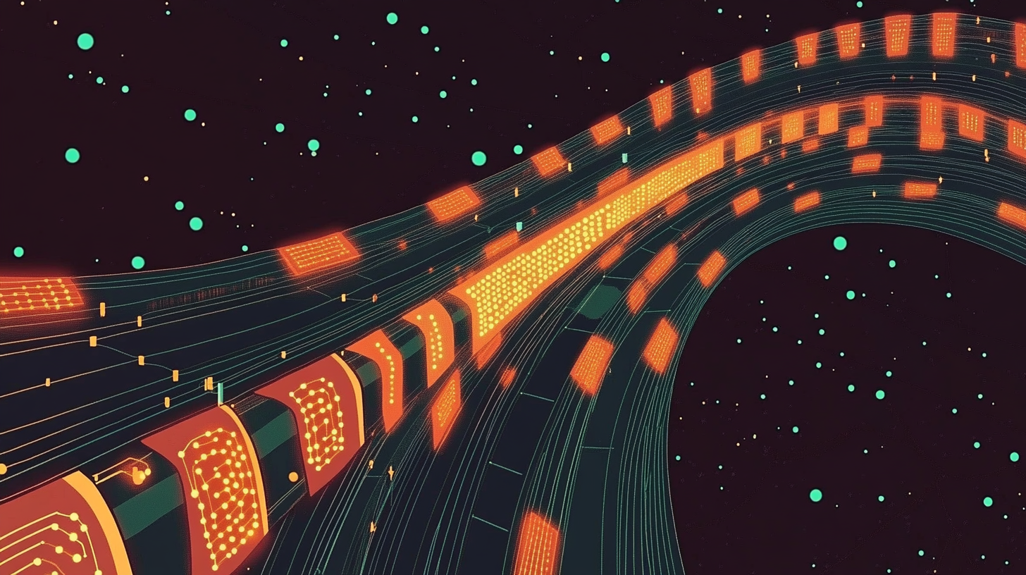 Software development lifecycle rendered as a continuous glowing loop with security checkpoints integrated at every phase
