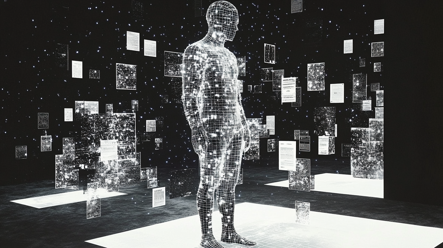 Holographic human silhouette assembling from fragmented digital identity attributes in cyan light representing identity management fundamentals