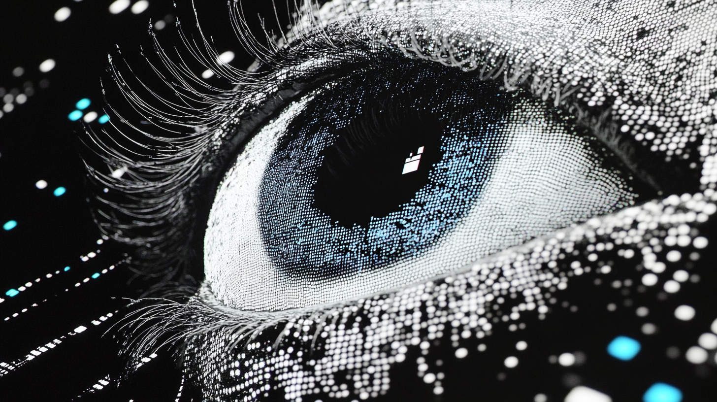 Detailed holographic iris scan with biometric template data fragmenting into encrypted particles representing biometric authentication